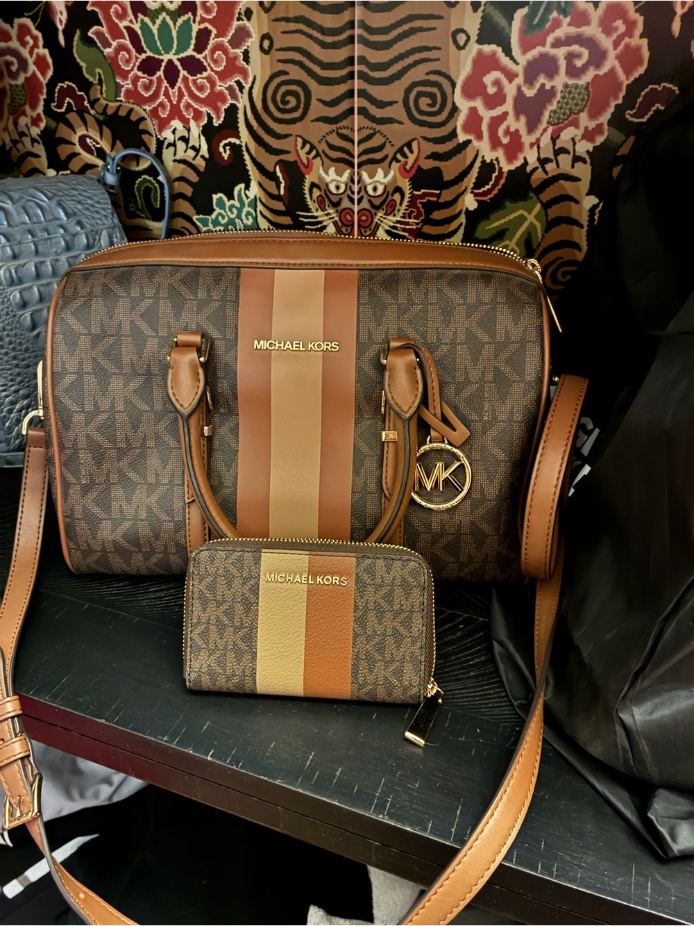Michael Kors set of Brown Monogram Satchel with Striped Accent bag and wallet